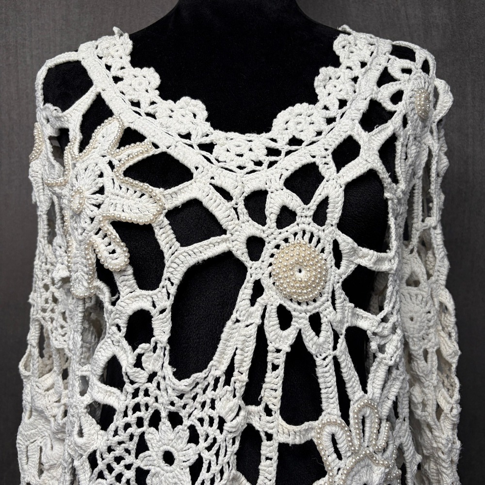 M.Z. Crochet Top Women OSFM Ivory Pearl Beaded Open Knit Floral Long Sleeve
